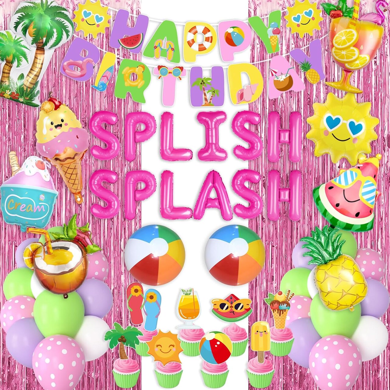 Summer Pool Beach Party Decorations - Balloons, Banner, Cake, Topper (Pink)